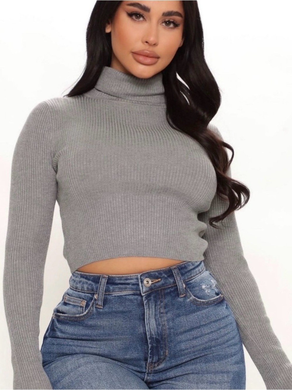 Fashion Nova Gray Ribbed Turtleneck Crop Sweater